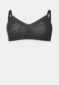 Svart bralette laget av blonde med blomstermønster. Den har en V-hals, justerbare stropper og en teksturert kant på toppen.