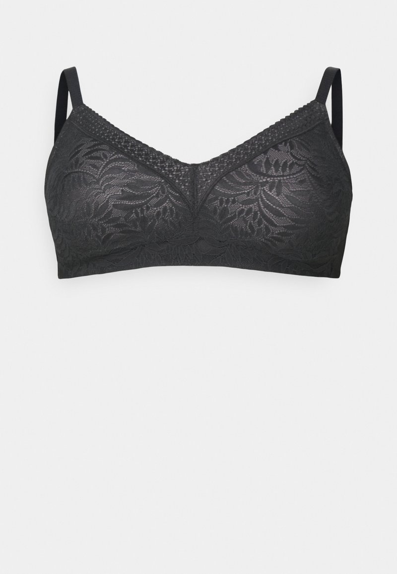 Svart bralette laget av blonde med blomstermønster. Den har en V-hals, justerbare stropper og en teksturert kant på toppen.