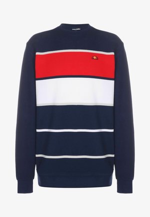 Marineblauwe trui met brede rode en witte horizontale strepen en een klein oranje-zwart logo op de borst.