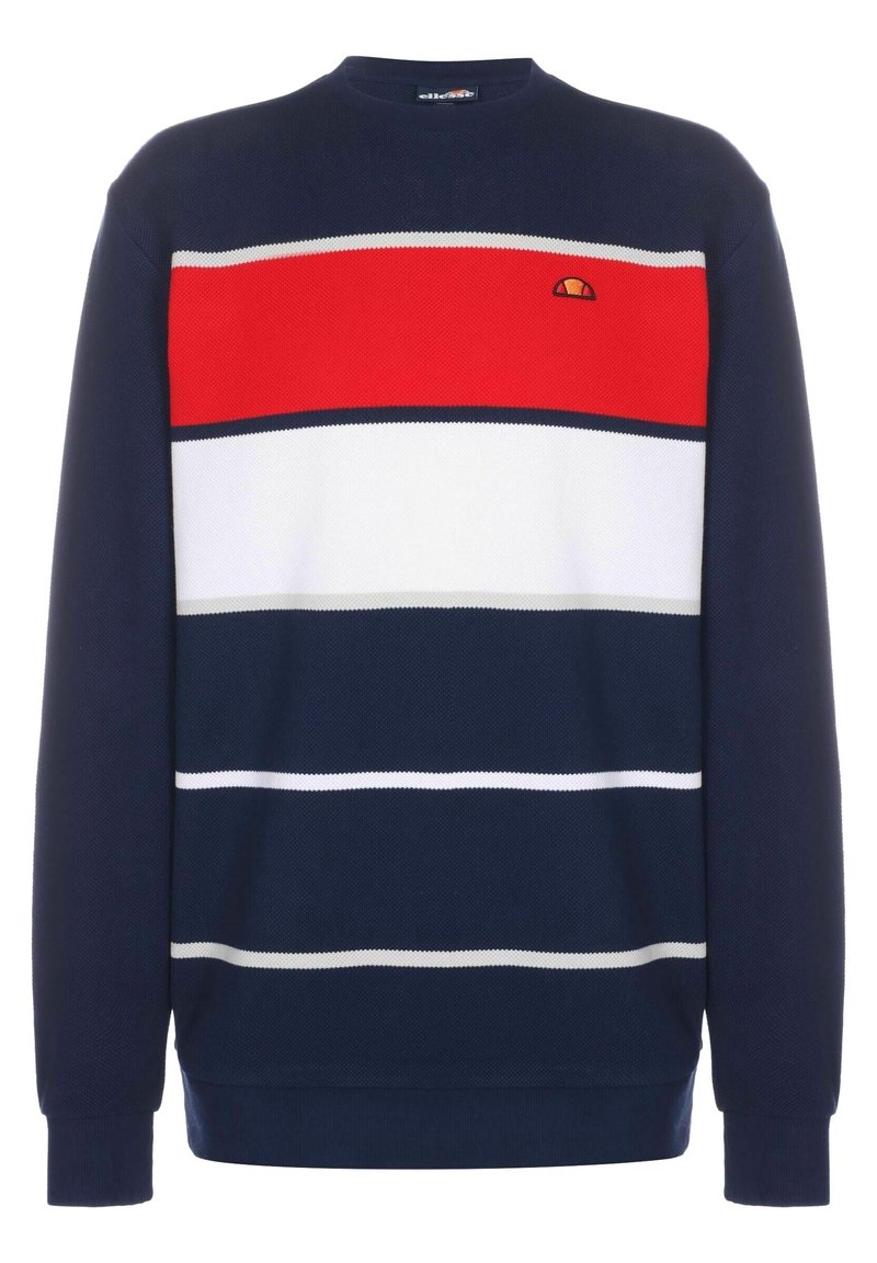 Pull bleu marine avec de larges rayures horizontales rouges et blanches ainsi qu'un petit logo orange et noir sur la poitrine.