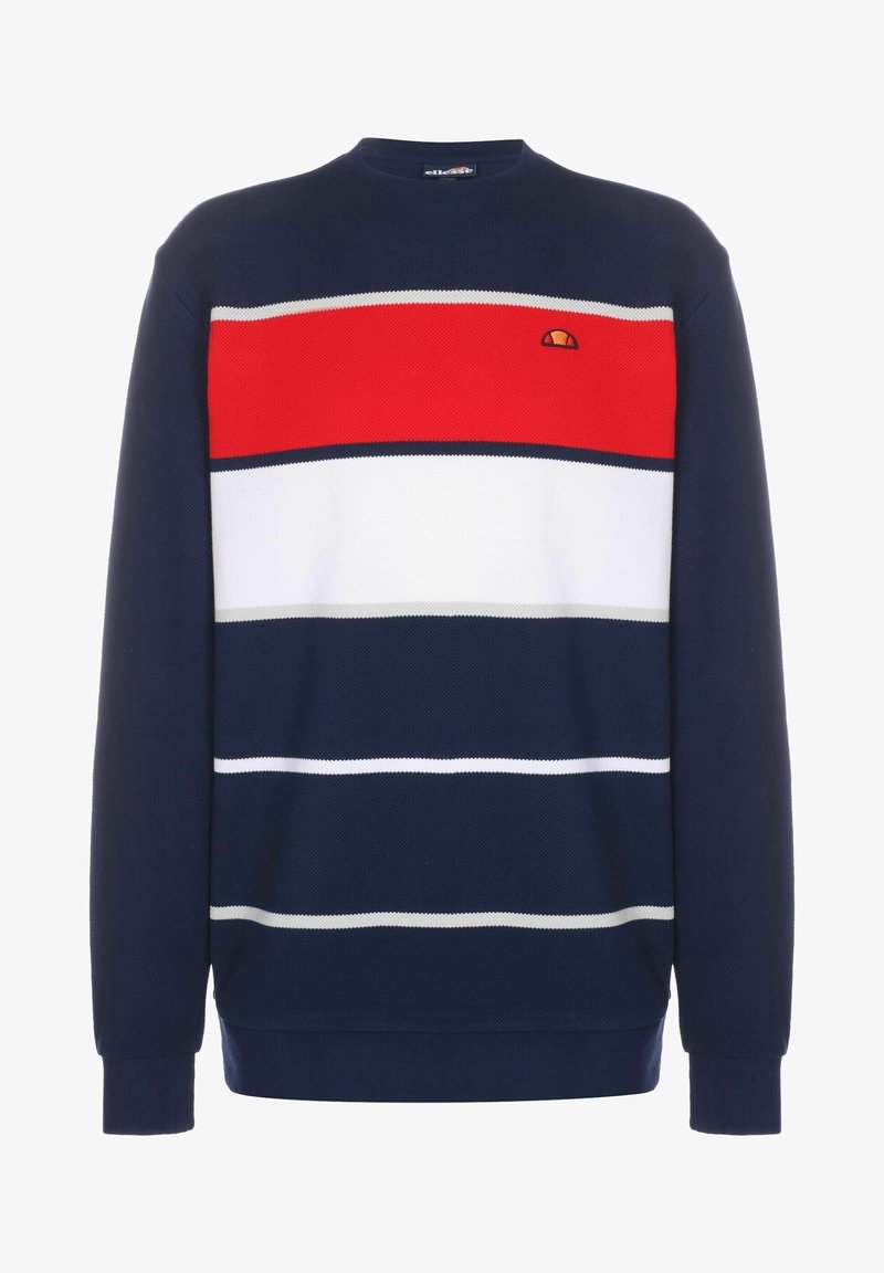 Pull bleu marine avec de larges rayures horizontales rouges et blanches ainsi qu'un petit logo orange et noir sur la poitrine.