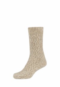 Beige Strumpf gestrickt mit einem strukturierten Kabelmuster, geripptem Bund, in mittlerer Wadenlänge, aus weichem, wollähnlichem Material.