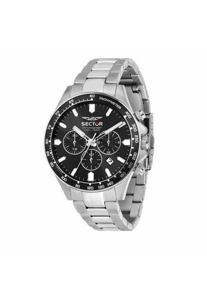 Orologio cronografo in acciaio inossidabile argento con quadrante nero, tre contatori, ghiera tachimetrica e finestra della data alle ore 4.