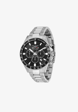 Orologio cronografo in acciaio inossidabile argento con quadrante nero, tre contatori, ghiera tachimetrica e finestra della data alle ore 4.