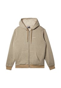 Felpa con zip beige, con cappuccio foderato, due tasche frontali, polsini a costine e un logo semplice sul petto. Realizzata in tessuto morbido.