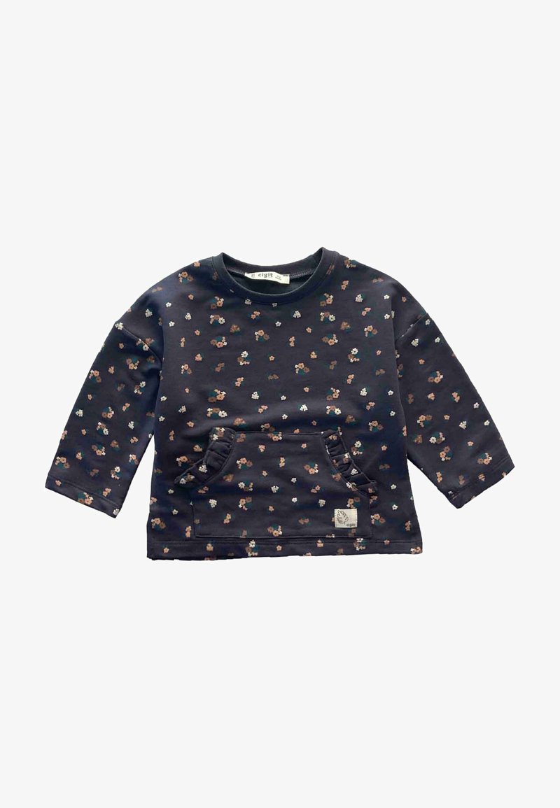 Mørkeblå langærmet sweatshirt med et blomstermønster i pink, hvid og grøn. Den har en bølget forlommer og et mærke i kanten.