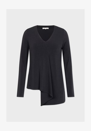 Black long-sleeve top in a soft, lightweight fabric with a V-neck and asymmetrical hem, featuring a draped front detail and no visible hardware.