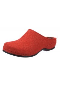 Red felt slip-on clog with closed toe and black sole, designed for indoor or casual wear.