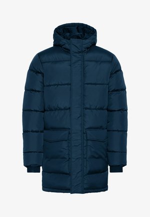 Tamno plava, podstavljena jakna s kapuljačom, s horizontalnim trakama od peglanog platna, dva prednja džepa i rebrastim manžetama. Izdržljiv materijal i regularan kroj.