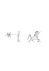 Boucles d'oreilles en argent en forme de licorne avec une finition lisse, présentant un design fantaisiste et un fermoir en papillon.