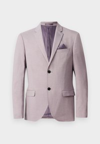 Helles Lavendelblazer mit strukturiertem Design, zwei schwarzen Knöpfen, Reverskragen und einem Einstecktuch in der Brusttasche. Die Innenfutter ist lila.