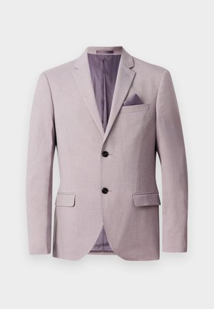 Helles Lavendelblazer mit strukturiertem Design, zwei schwarzen Knöpfen, Reverskragen und einem Einstecktuch in der Brusttasche. Die Innenfutter ist lila.