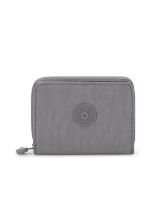 Portafoglio grigio con zip realizzato in tessuto testurizzato, con un dettaglio logo circolare sul davanti e una zip liscia. Forma compatta e rettangolare.