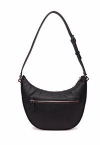 Borsa a spalla in pelle nera con una texture liscia, design curvo, tracolla regolabile e una tasca con zip frontale accentuata da hardware in argento.