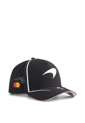Black sports cap with white curved design, Mastercard logo patch on side, and Union Jack pattern trim on the curved brim.