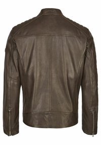 Braune Lederjacke mit glatter Textur, ausgestattet mit Schulterpolstern, Reißverschlussärmeln und geradem Schnitt. Rückansicht gezeigt.