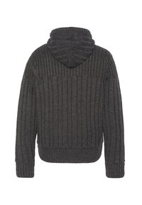 Hoodie à capuche gris foncé à côtes avec un motif tricoté texturé, doté d'une capuche, de manches longues, et d'un ourlet et de poignets côtelés.