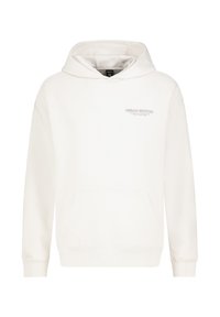 White hoodie featuring a front pocket, adjustable drawstring hood, and a small printed logo "URBAN EDITION" on the chest. Soft material.