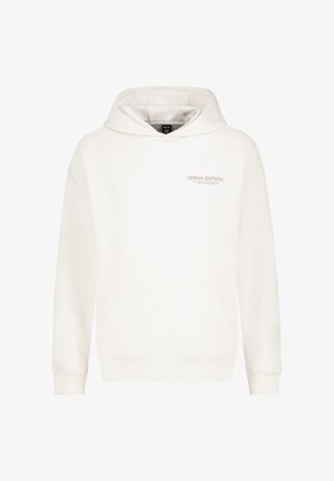 Weißer Hoodie mit einer vorderen Tasche, verstellbarem Kordelzug an der Kapuze und kleinem, aufgedrucktem Logo "URBAN EDITION" auf der Brust. Weiches Material.