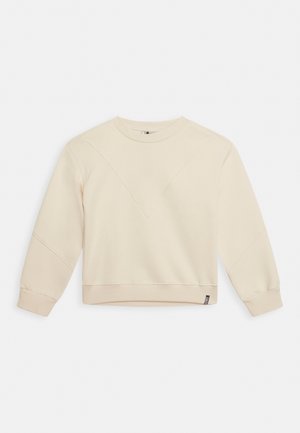 Sudadera beige claro con cuello redondo, mangas largas y detalle de costura en forma de V en la parte frontal. Cuenta con puños y dobladillo acanalados.