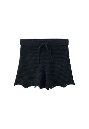 Shorts noirs en maille avec ourlets festonnés et taille à cordon, présentant des motifs texturés horizontaux.