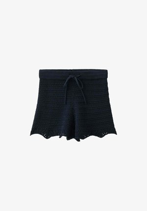 Shorts noirs en maille avec ourlets festonnés et taille à cordon, présentant des motifs texturés horizontaux.