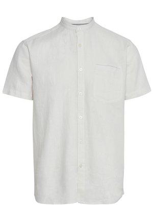 Short-sleeve, collared shirt in light beige linen with a button-down front, single chest pocket, and a smooth, lightweight texture.