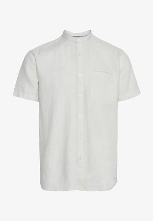 Short-sleeve, collared shirt in light beige linen with a button-down front, single chest pocket, and a smooth, lightweight texture.