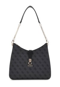 Sort Guess håndtaske med monogram mønster, guldfarvet kæde og læder skulderrem, samt frontmetal logo spænde.
