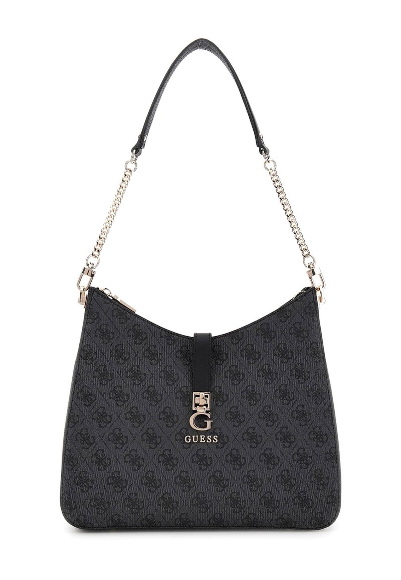 Sort Guess håndtaske med monogram mønster, guldfarvet kæde og læder skulderrem, samt frontmetal logo spænde.
