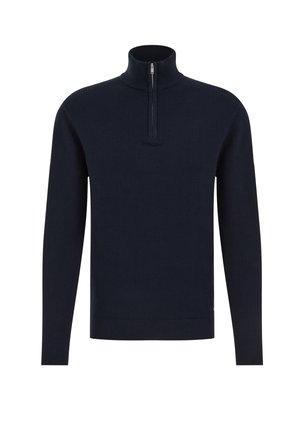 Tmavomodrý sveter s vysokým golierom a štvrťzipsom, s textúrovaným pleteným vzorom a žebrovanými manžetami a lemom. Minimalistický štýl bez vzorov.