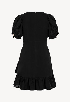 Zwarte korte jurk met opgeblazen korte mouwen, ritssluiting aan de achterkant, getailleerde taille en ruches zoom.