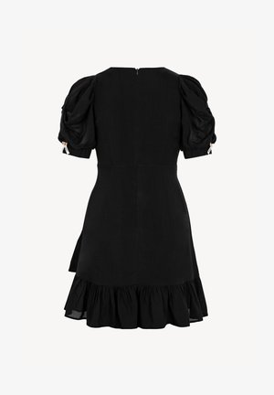 Black short dress with puffed short sleeves, back zipper, fitted waist, and ruffled hem.