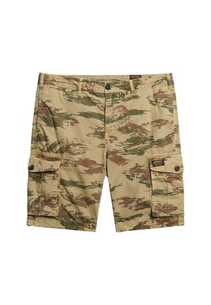 Camo cargo shorts i beige, grøn og brun. Fremstillet af stof med en glat tekstur. Har to sidelommer og en knaplukning.