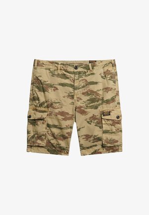 Camo cargo shorts i beige, grøn og brun. Fremstillet af stof med en glat tekstur. Har to sidelommer og en knaplukning.