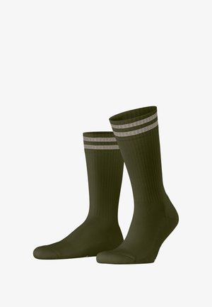 Olive green socks made of ribbed material, featuring two horizontal gray stripes at the top, with reinforced toes and heels.