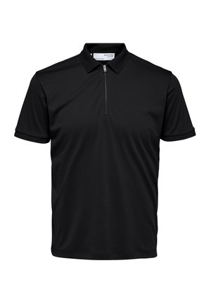 Zwart poloshirt met een korte rits, gemaakt van soepele stof. Heeft een standaard kraag en korte mouwen met gestructureerde accenten.
