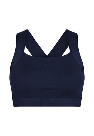 Marineblå sports-bh med krydsryg-stropper, lavet af glat stof. Har diskrete logodetaljer langs stropperne og en bred, støttende bånd.