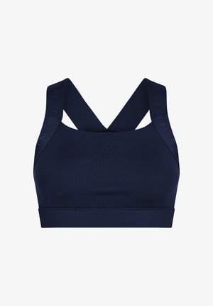 Marineblå sports-bh med krydsryg-stropper, lavet af glat stof. Har diskrete logodetaljer langs stropperne og en bred, støttende bånd.