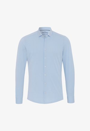 Lichtblauwe overhemd met lange mouwen, gemaakt van een gladde stof. Voorzien van een knoopsluiting bij de kraag en knopen aan de voorkant. Getailleerde pasvorm, eenvoudige stijl.