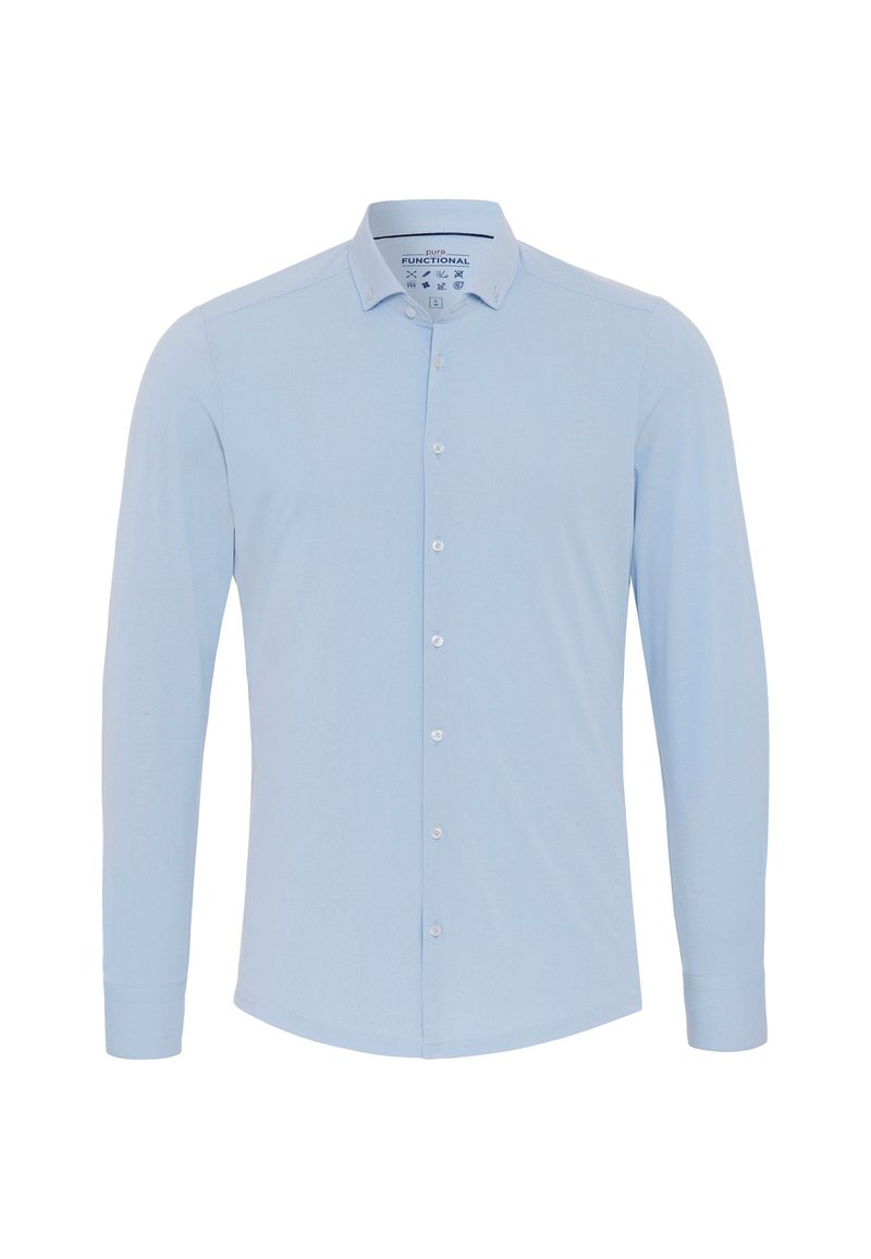 Helle blaue Langarmbluse aus glattem Stoff. Verfügt über einen Button-Down-Kragen und eine durchgehende Knopfleiste. Taillierte Passform, schlichtes Design.