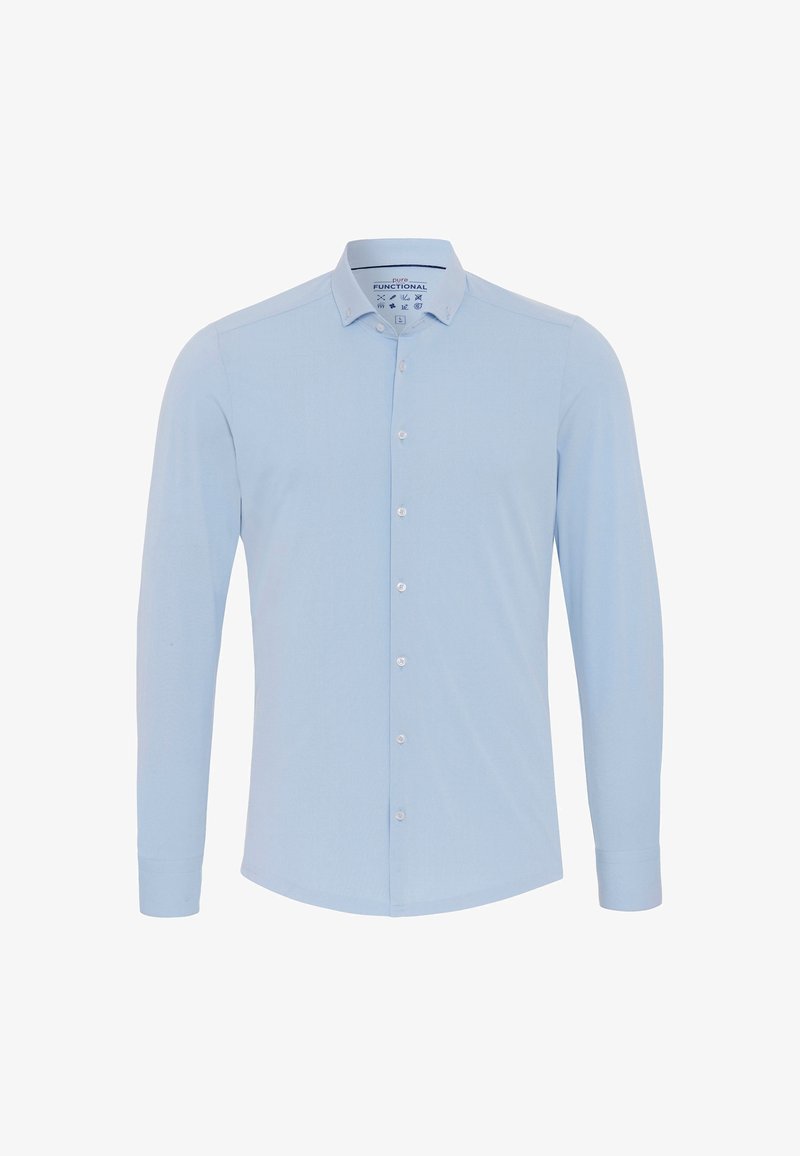 Helle blaue Langarmbluse aus glattem Stoff. Verfügt über einen Button-Down-Kragen und eine durchgehende Knopfleiste. Taillierte Passform, schlichtes Design.