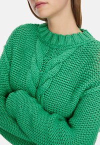 Grüner gestrickter Pullover mit einem geflochtenen Muster auf der Vorderseite und einem gerippten Kragen. Die Textur ist dick und weich, geeignet für legere Trageanlässe.