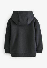 Černá mikina s kapucí a měkkým, texturovaným povrchem. Obsahuje velkou kapuci, ribbed manžety a rovný lem pro uvolněný střih.