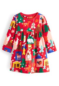 Abito lungo rosso a maniche lunghe con un motivo giocoso di animali, alberi e case in vari colori. Realizzato in un tessuto morbido e leggero.