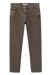 Jeans dritti marroni realizzati in denim, con cinque tasche, passanti per cintura e una texture leggermente sbiadita con dettagli di cucitura visibili.
