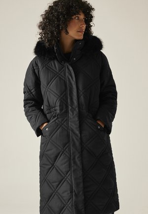 Kobieta ubrana w długi czarny pikowany płaszcz z futrzanym kapturem, ręce w kieszeniach, patrząca na bok na jednolitym tle.