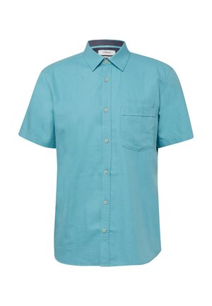 Korte mouwen turquoise overhemd met knopen, een borstzak aan de voorkant en een puntige kraag op een witte achtergrond.