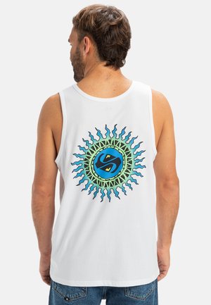 White tank top featuring a colorful sunburst graphic on the back with blue and green accents, circular design, and bold black details.
