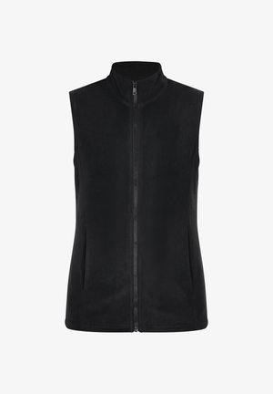 Gilet in pile nero, design senza maniche, colletto alto, zip frontale completa, due tasche laterali, texture liscia e silhouette sagomata.